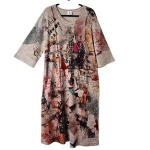 Inoah XL print dress one big button welt pocket ironic cityscape print gray mult